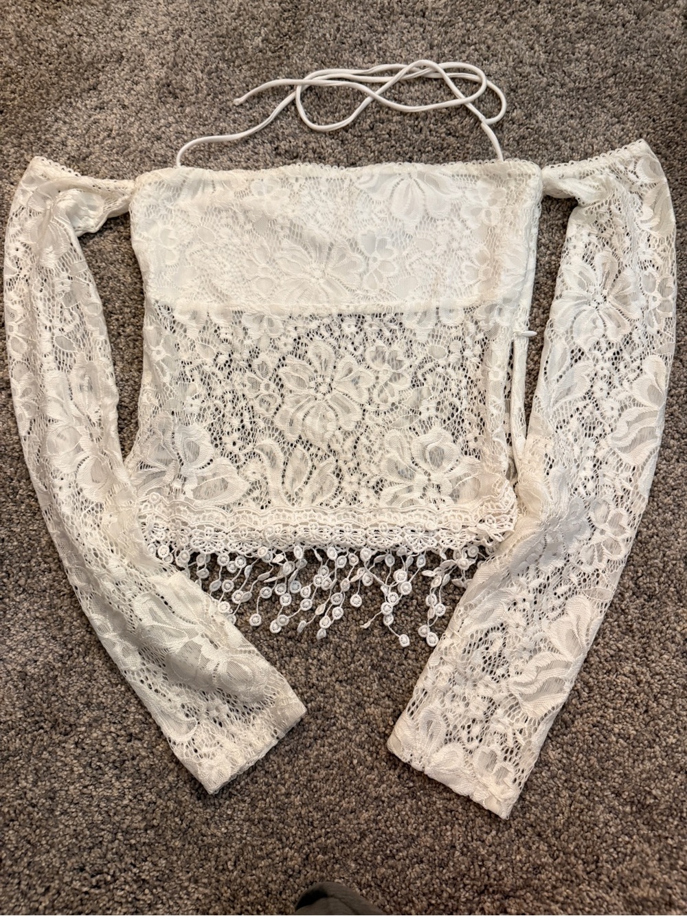 Princess Polly White Lace Off-Shoulder Crop Top Fringe Size 4